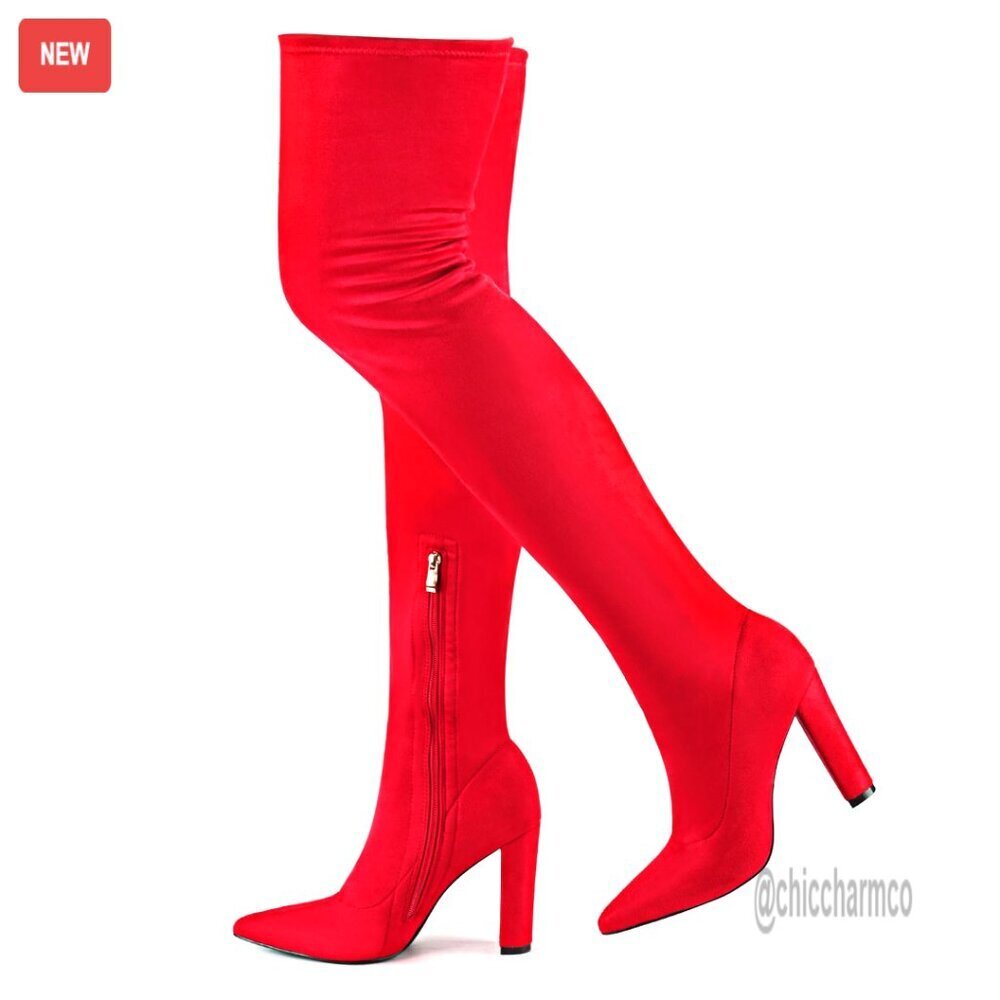 Thigh High Boots Chunky Heel Pointed Toe Over Knee Stretch Side Zipper